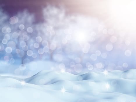 3D render of a snowy landscape with bokeh lights