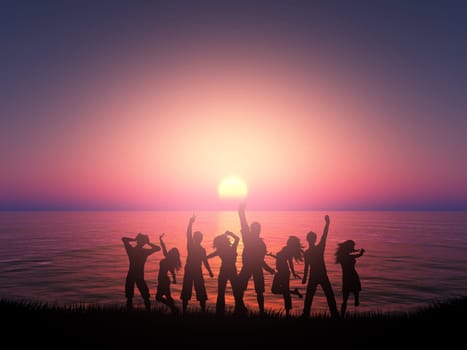 3D render of a silhouette of people dancing against a sunset ocean landscape