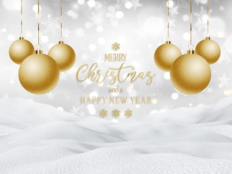 3D render of a snowy landscape with hanging baubles and glittery text