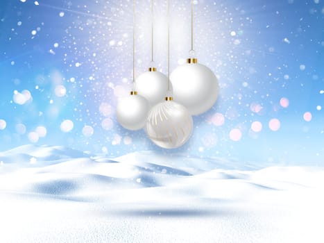 3D render of a snowy landscape with hanging Christmas baubles