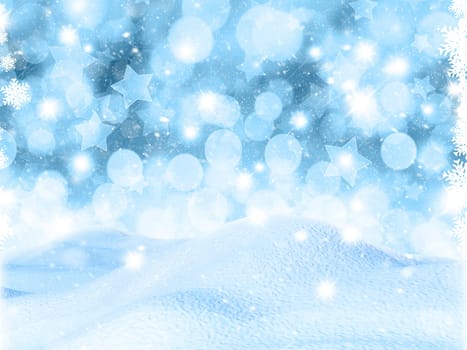 3D render of a snowy landscape on bokeh lights and stars background