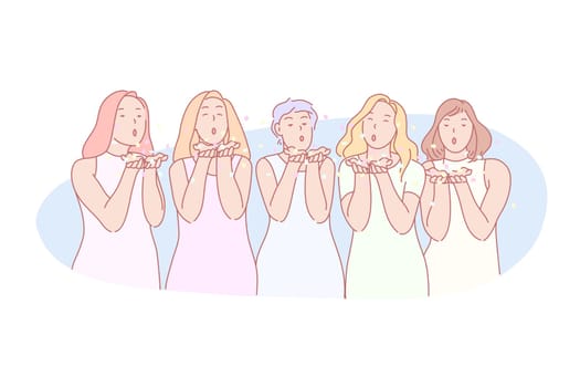 Air kisses, romantic farewell concept. Flirt, footsie, fondness, feelings manifestation, women sending kisses, group photo posing, girls standing together, emotional gesture. Simple flat vector