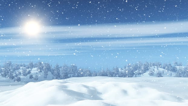 3D render of a snowy landscape with trees