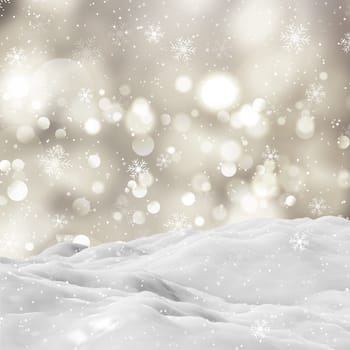 3D render of a snowy winter landscape with bokeh lights and falling snowflakes