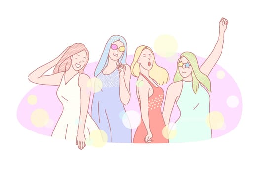 Night club dance, soiree, female corporate party concept. Leisure, entertainment, smiling women in formal dress, group photo posing, happy girls dancing together. Simple flat vector