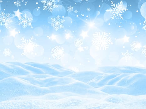 3D render of a snowy landscape with falling snowflakes
