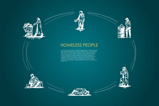 Homeless people - people begging for money and food, sleeping on street, warming up near fire, collecting garbage vector concept set. Hand drawn sketch isolated illustration