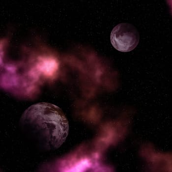 3D render of a space scene with abstract planets and nebula