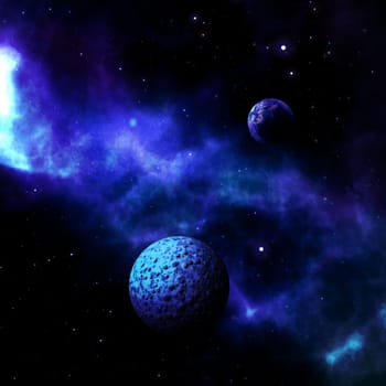 3D render of a space scene with fictional planets