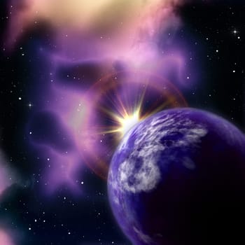 3D render of a space background with sun rising behind fictional planet