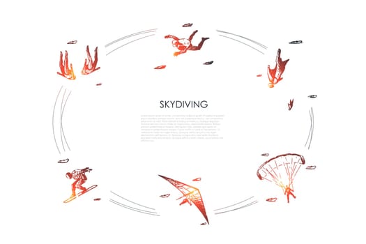 Skydiving - people in air jumping with parachute and skydiving vector concept set. Hand drawn sketch isolated illustration