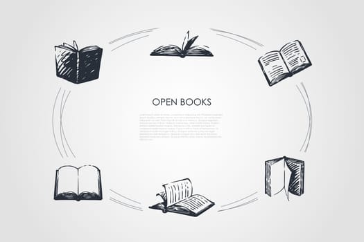 Open books - books with open pages and coverings vector concept set. Hand drawn sketch isolated illustration