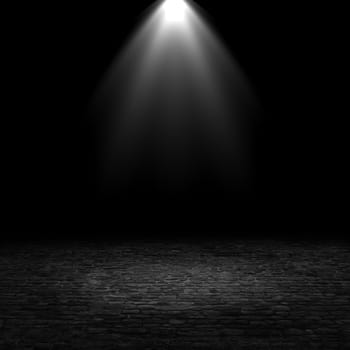 3D render of a spotlight shining down into a grunge interior with brick floor