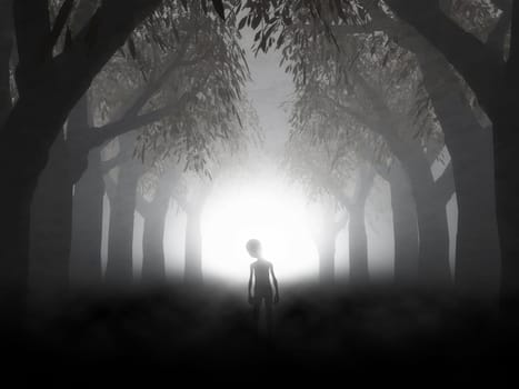 3D render of a spooky landscape with alien in foggy forest