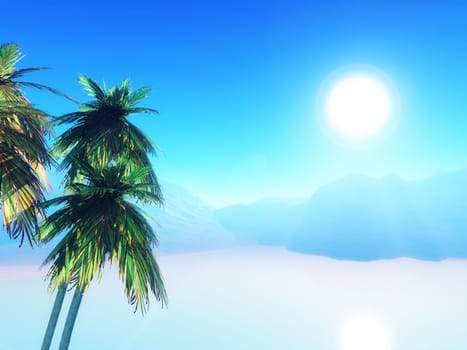 3D render of a summer landscape with palm trees