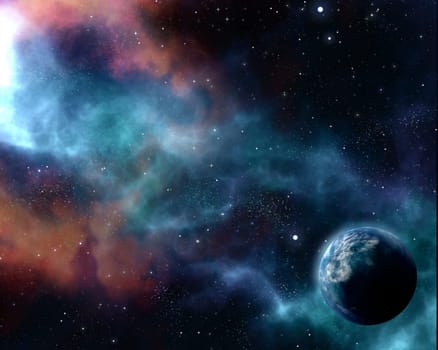 3D render of a starry night sky background with abstract planet and nebula