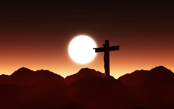 3D render of a sunset landscape with Jesus on the cross