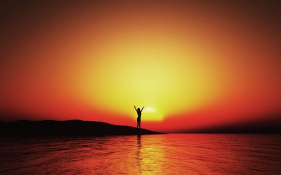 3D render of a sunset landscape with female with arms raised in joy