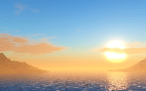 3D render of a sunset ocean landscape