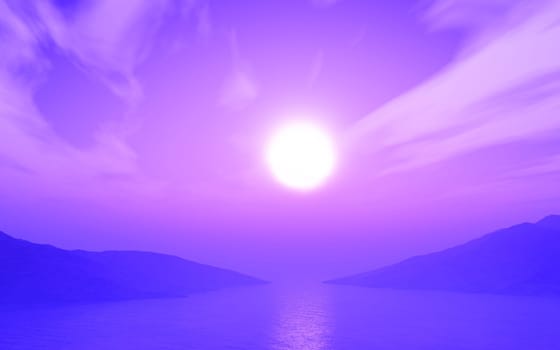 3D render of a sunset ocean landscape with purple hue