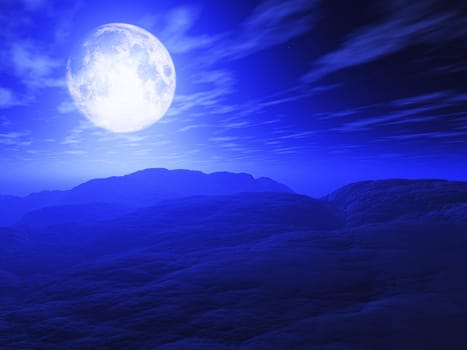 3D render of a surreal landscape with moonlit sky