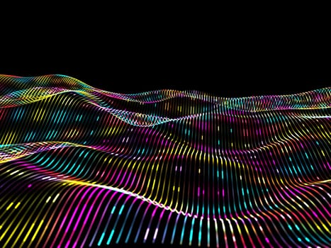3D render of a techno background with neon coloured flowing particle design
