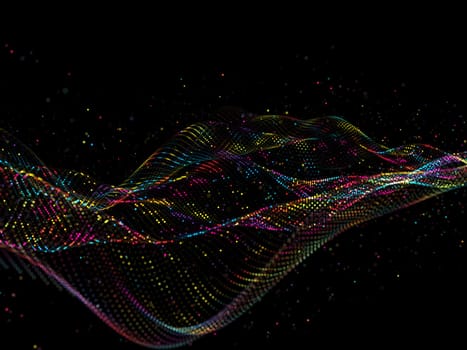 3D render of a techno background with rainbow coloured particles