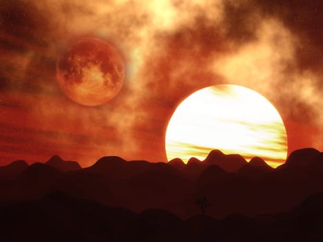 3D render of a surreal landscape with moon and sun
