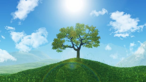 3D render of a tree on a grassy hill