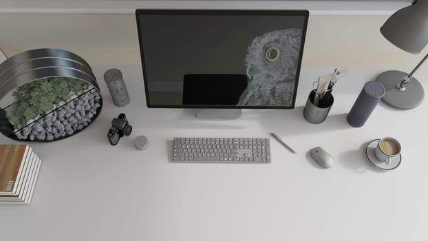 3D render of a top view of an office desk
