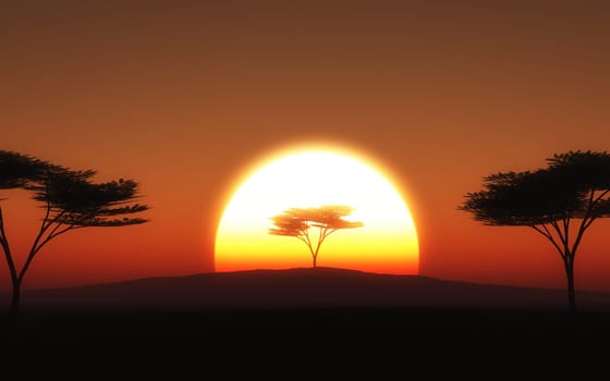 3D render of a tree landscape against a sunset sky
