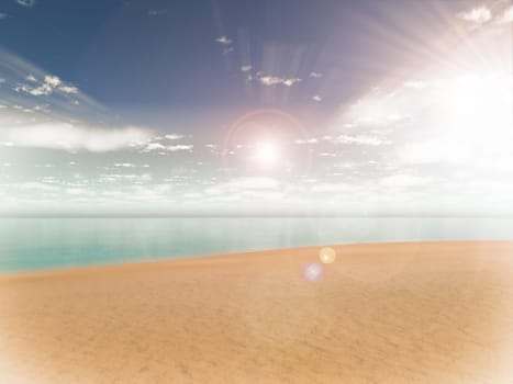 3D render of a tropical beach scene with bright sunshine