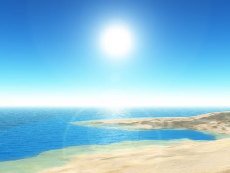 3D render of a tropical beach scene with clear blue sky
