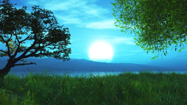3D render of a tree and hills landscape