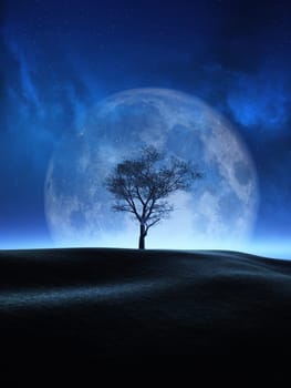 3D render of a tree against a moon night sky