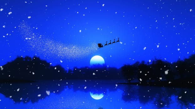 3D render of a tree landscape against a night sky with santa and his reindeers