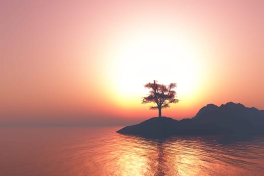 3D render of a walnut tree on an island against a sunset sky