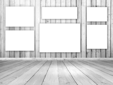 3D render of a white wooden room interior with blank hanging canvases