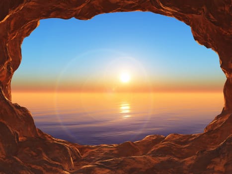 3D render of a view from a cave looking out to a sunset ocean