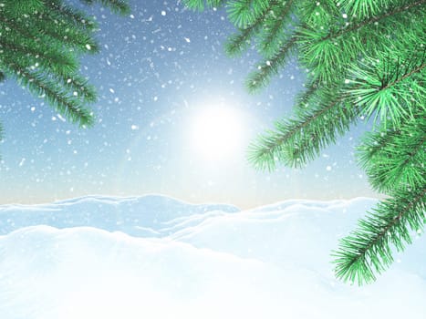 3D render of a winter landscape with Christmas tree branches