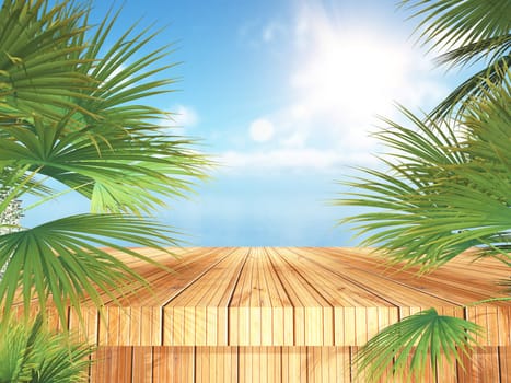 3D render of a tropical landscape with wooden table and palm trees looking out to the ocean