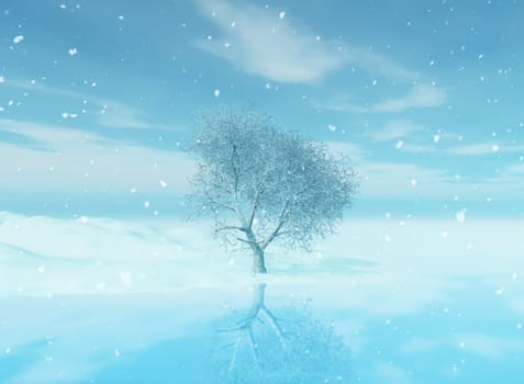 3D render of a winter Christmas landscape with tree reflected in water