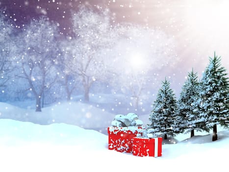 3D render of a winter landscape with presents nestled in snow