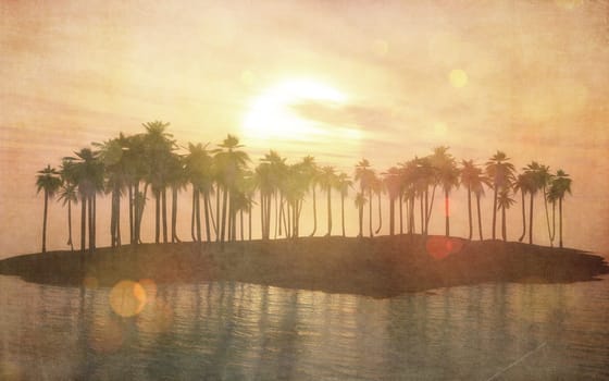 3D render of a vintage image of a tropical island