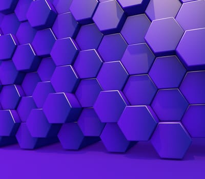 3D render of a wall of glossy purple extruding hexagon shapes