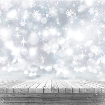 3D render of a white wooden table looking out to a Christmas background