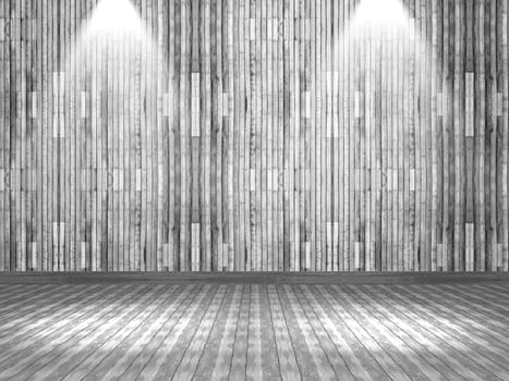 3D render of a wooden interior with spotlights shining down