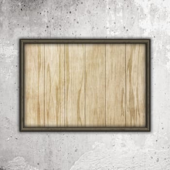 3D render of a wooden frame with wood texture on a concrete wall