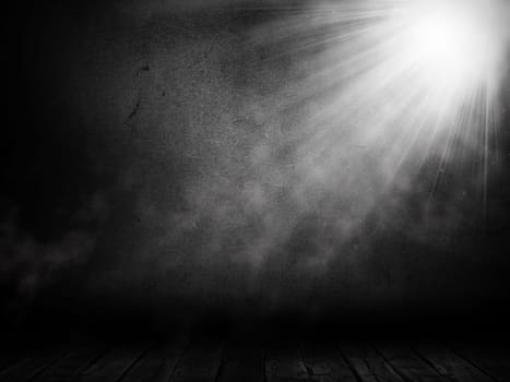 3D render of a wooden room interior with spotlight and smoky effect
