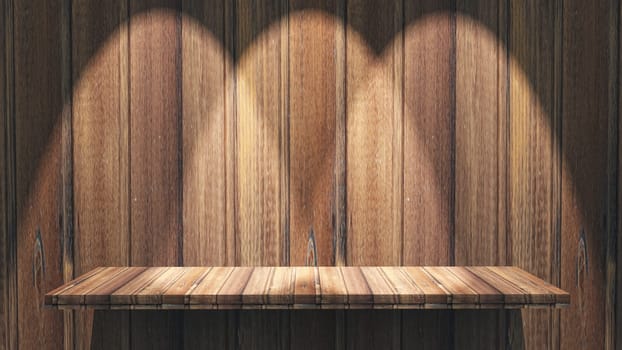 3D render of a wooden shelf with spotlights shining down